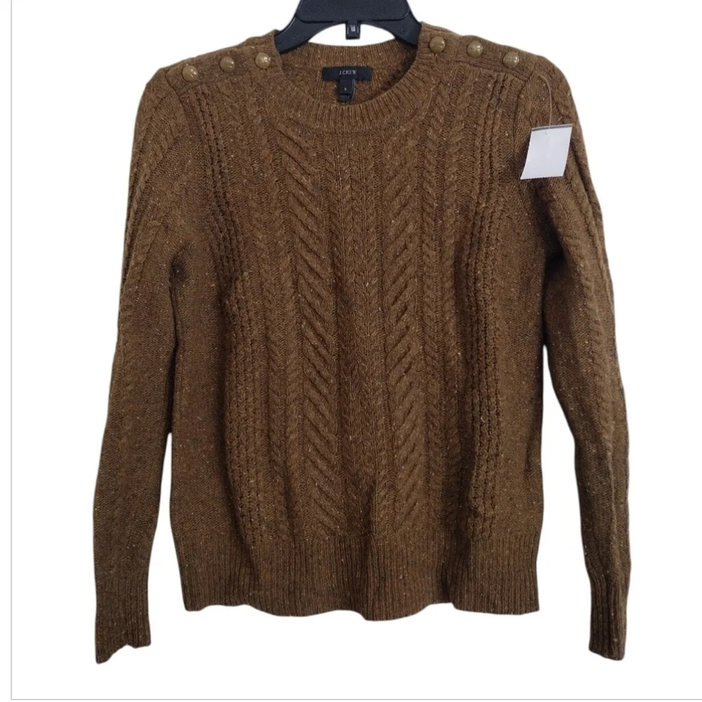 J. Crew Brown Speckled Cable Knit Wool Sweater With Buttons Size Small